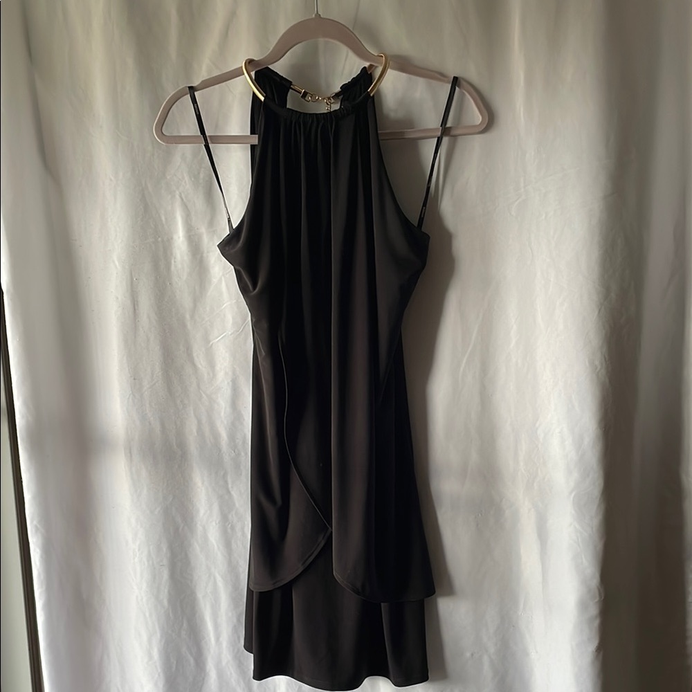 Elegant Black Halter Dress with gold neck accent